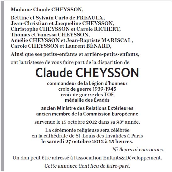 Faire Part Claude Cheysson